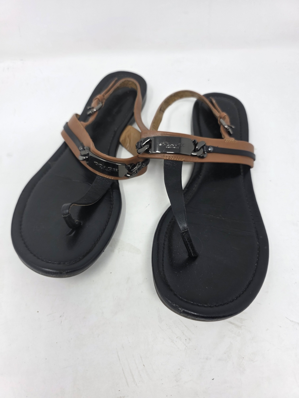 Coach Caterine Leather T-Strap Flat Sandals Black Saddle Brown Hardware Women 9B
